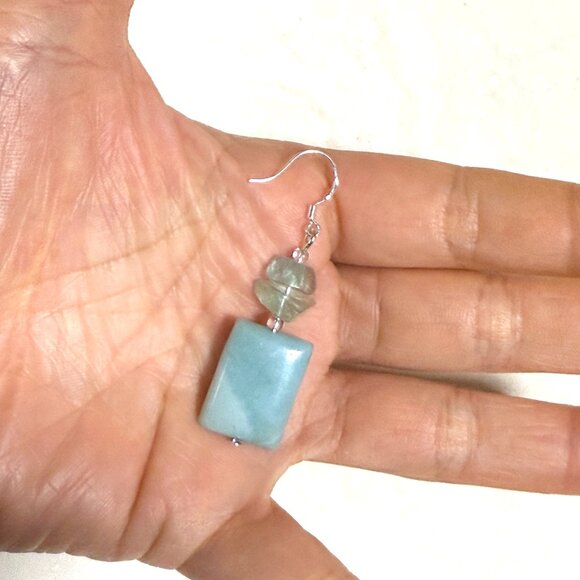 2/$20, Genuine Teal Amazonite & Fluorite Gemstone Sterling Silver Hook Earrings - Picture 8 of 9